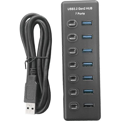 Hub USB 3.2 Gen2 à 7 ports (10 Gbit/s), hub USB 3.0 avec commutateur de port individuel, indicateur LED et alimentation (prise US) (1/5)
