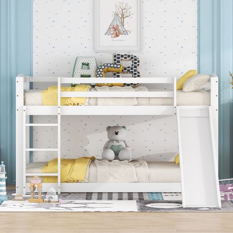 Litera/entrepiso, cama infantil 90x200cm con protección, madera y MDF, color blanco, con tobogán