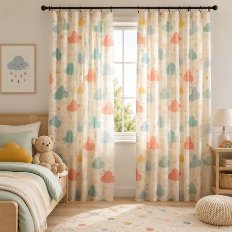 HEMVOR lot de 2 Rideaux voilage enfant imprimé nuages effet lin 150 g/m², 132 × 175 cm, sans pompons (1/5)