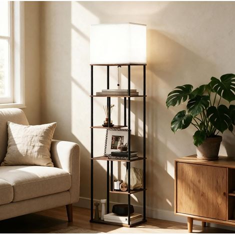 Lampadaire avec 5 étagères, éclairage dimmable 3000–6500 K, télécommande, variateur et minuterie, structure métal et MDF, abat-jour beige, pour salon ou chambre – CHICFURN (1/5)