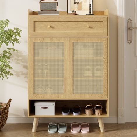Zapatero, 80x105x35 cm, buffet de entrada de estilo ratán bohemio, 2 puertas, 1 cajón y 4 estantes estilo escandinavo, Roble claro (1/5)