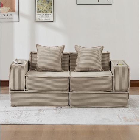 Loungesofa 162x78x66 cm Khaki aus Cord mit 2 Kissen und Seitentaschen (1/5)