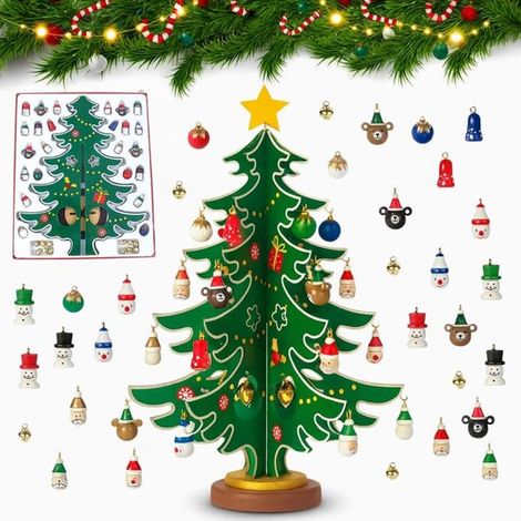 Calendrier de l'Avent 2026 - Sapin de Noël 32 cm - Calendrier de l'Avent pour enfants 2025 avec sapin de Noël en bois à poser sur une table 36 - 2026 - 32 cm (1/4)