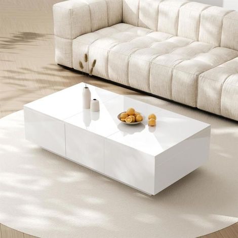 Table basse - Blanc - Scandinave - 100x50x31 cm - Rangement coulissant - Tiroirs double face