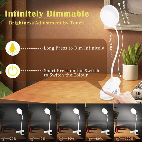 Lampada a clip a 20 LED, lampada da scrivania ricaricabile, lampada da comodino flessibile, lampada da lettura con 3 modalità di illuminazione e luminosità dimmerabile, per ufficio, piccola lampada a (1/4)