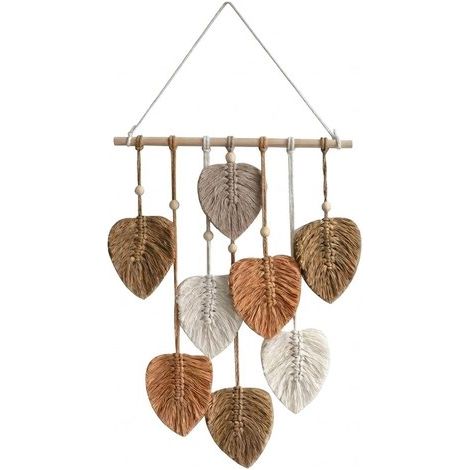 Décoration murale à feuilles brunes et blanches, unisexe, tissée à la main, avec corde, perles et bâtonnets, dimensions 25x55 cm, matériau textile pour décoration murale de style bohème. (1/5)