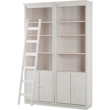 AnitaBibliothèque avec rangement et échelle en pin laqué blanc (1/5)