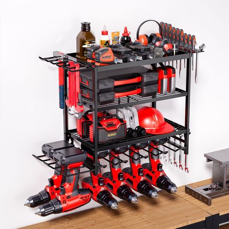 Support mural pour outils électriques, étagère de rangement robuste en métal à 4 niveaux, avec support pour perceuse sans fil, idéale pour le garage. Convient également pour tournevis et marteau. (1/5)