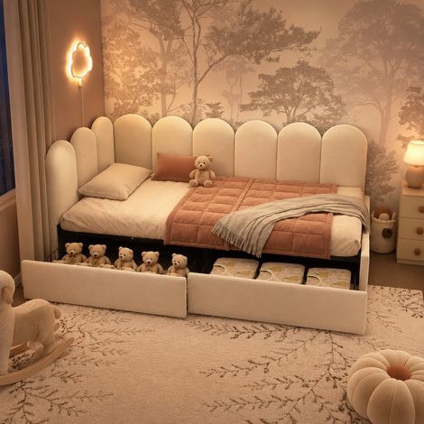 Letto singolo 90/200 cm beige in velluto con 2 cassetti e rete a doghe (1/5)