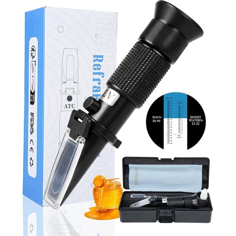 Réfractomètre Miel 2‑en‑1, Eau 12–32% / Brix 58–90%, avec ATC & Étalonnage, Testeur d’Humidité pour Miel, Sirop, Mélasse, Idéal pour Apiculteur (1/5)