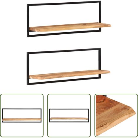 Bois d'acacia -  Étagères murales 2 pcs 100x24x35 cm Bois d'acacia et acier (1/5)