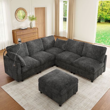 Canapé d’angle modulable convertible 6 places 218x157 cm, configuration U/L, pouf mobile, USB/USB-C 24W, support téléphone, chenille grise (1/5)