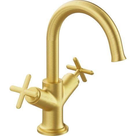 Vitra Origin Classic Basin Mixer Tap with Crosshead Handle - Brushed Brass