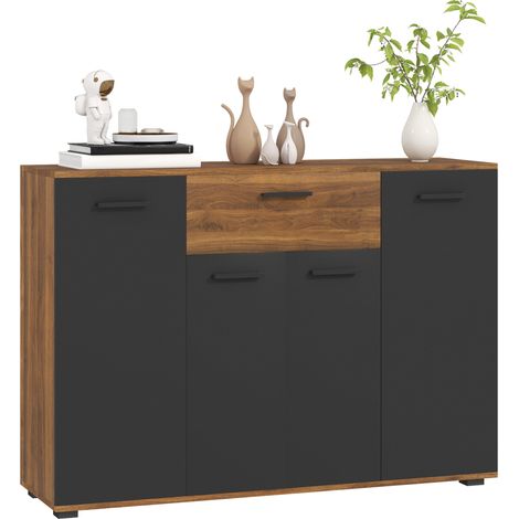 Credenza da soggiorno Irovami con 4 ante, cassetti e ripiani regolabili, dimensioni 120 x 35 x 85 cm, marrone e nero