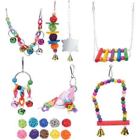 Lot de 17 jouets pour oiseaux Sepak Takraw, balançoire suspendue avec chaîne et clochette, pour petits et moyens perroquets (1/5)