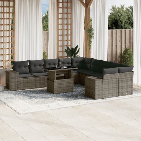 Salon de jardin 11 pièces en résine tressée gris avec coussins et table relevable - PANGIVO (1/5)