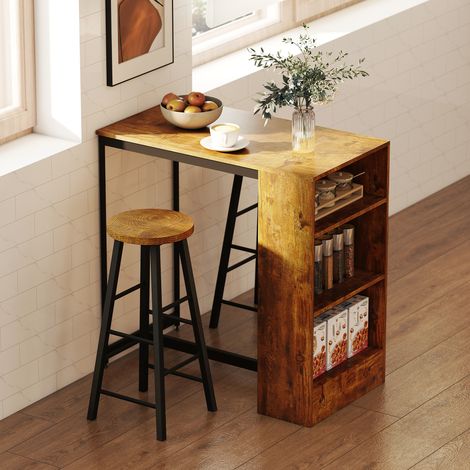 Ensemble de salle à manger de style industriel avec comptoir-bar à 3 niveaux et 2 tabourets hauts avec repose-pieds. Marron