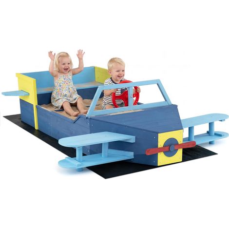 COSTWAY Bac à Sable Enfant Extérieur en Forme Avion avec Bancs Intégrés, Bac à Sable en Bois Sapin avec Doublure, Charge 50kg pour 18 Mois+, Jeux Extérieur Sensoriel pour Jardin Maison Plage (1/5)