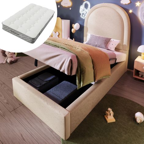 Polsterbett Kinderbett,Einzelbett mit kosmischem Muster, 90 x 200 cm, Beige,PU für Jungen & Mädchen (Mit Matratze) (1/5)