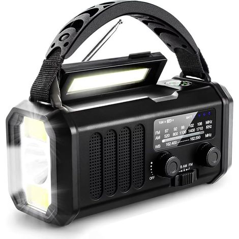 Radio d'urgence portable AM/FM/SW, batterie externe 10 000 mAh, lampe torche, noire (1/5)