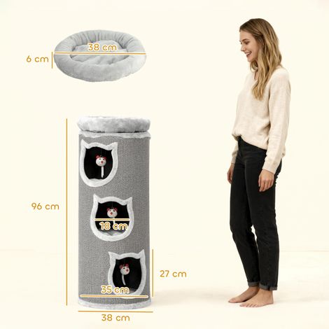 Griffoir en forme de tonneau, 96 cm, arbre à chat à 4 niveaux avec couchage lavable, 3 niches, jouets suspendus, pour plusieurs chats, gris (1/5)