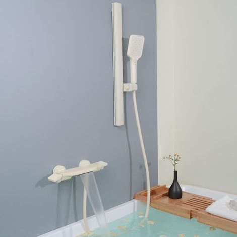 Robinet de Baignoire Cascade, Mitigeur Baignoire avec Douchette, Robinet Baignoire avec Barre de Douche, Mitigeur Bain Douche Mural, Blanc, 14Y6OK-B (1/5)