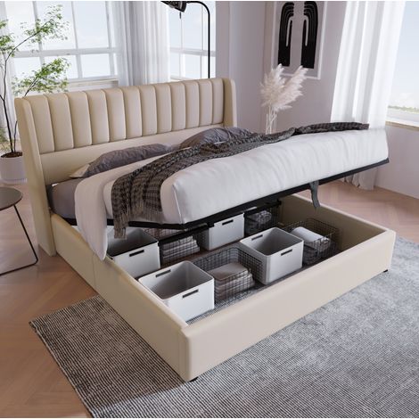 Stauraumbett 160/200 cm beige aus Leinen mit hydraulischem Lattenrost (1/5)