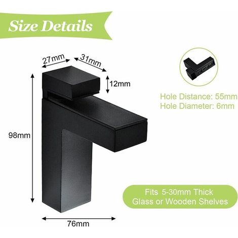 Lot de 2 pinces à verre noires réglables pour étagère en bois/verre - Supports muraux en métal massif flottant, compatibles avec étagères de 5 à 30 mm d'épaisseur (L) (1/4)