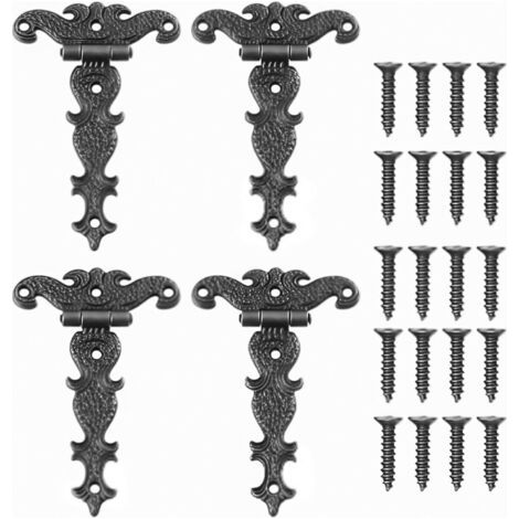 QORVA-4 Pièces Charnières Vintage en Bronze Charnières Rétro en T, Charnières décoratives rétro sculptées, Charnières Pliantes en Bronze pour Portes, Armoires, Boîtes à Bijoux, Contient vis.