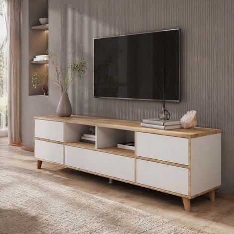 MEUBLIV Mueble TV 175 x 37 x 51 cm blanco y decorado madera – 4 puertas, 2 nichos (1/5)