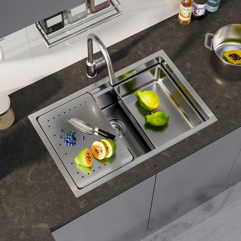 CECIPA Lavello da Cucina a Una Vasca 70 x 44 x 21 cm Lavello da Cucina Lavello da Incasso in Acciaio Inox Spazzolato Lavello da Cucina con Gocciolatoio + Vasca (1/5)