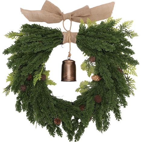 Couronne cèdre 19,7 pouces artificielle Noël – Vintage rustique cloche vache ruban lin marron extérieur intérieur déco (1/5)