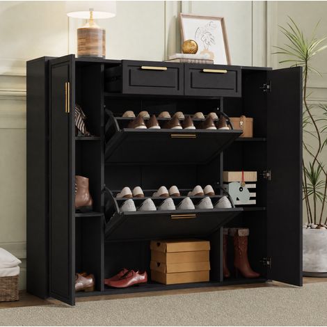 Scarpiera 95x24x107.5 cm nero in truciolato con ripiani regolabili, cassetti e vani portaoggetti (1/5)