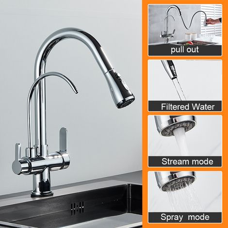 Robinet de cuisine 360° à 3 voies – Mitigeur eau chaude/froide avec filtre à eau, pulvérisateur extractible et 3 modes de jet