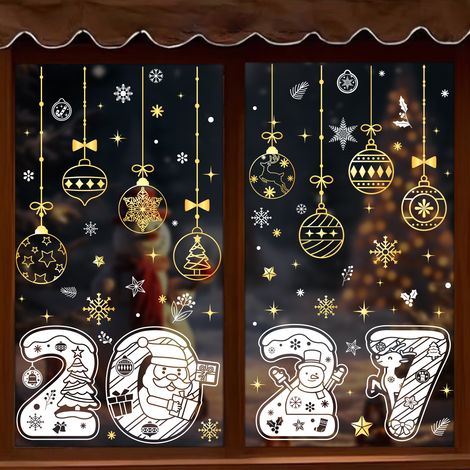 Autocollant statique boule de Noël dorée 2027 Décoration de Noël Autocollant de fenêtre Flocon de neige blanc Boule décorative à suspendre