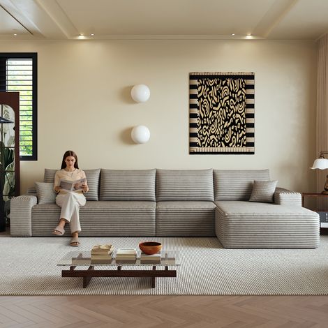 Sofá modular de 4 plazas de pana con chaise longue derecha, sin montaje, camel