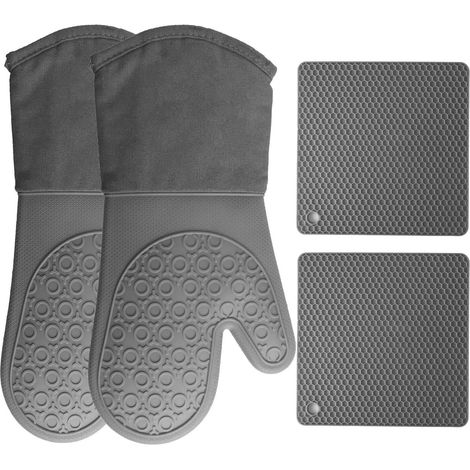 Gants de cuisine et maniques en silicone, ensemble de 4 pièces, gants de cuisine robustes, dessous de plat adaptés aux comptoirs de cuisine