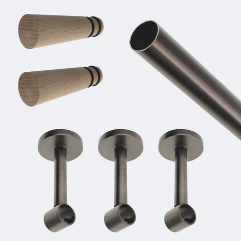 Kit de tringle à rideaux Carbone 250cm Diam.20mm Embout Cône Bois - Fixation Mur - Boulet (1/3)