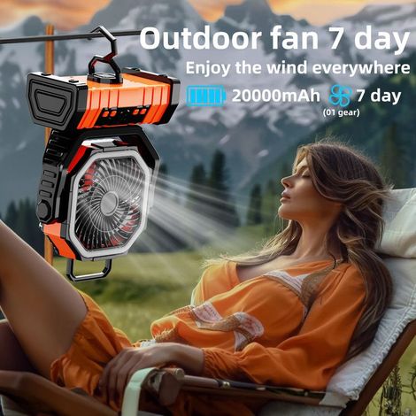 Ventilateur de camping 20 000 mAh, portable et rechargeable, 4 vitesses, silencieux, avec lumière LED, télécommande et crochet, orange. (1/4)
