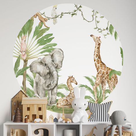Sticker mural rond / cercle Enfants - Jungle Animaux - Diamètre 30 cm - Adhésif MAT (1/2)