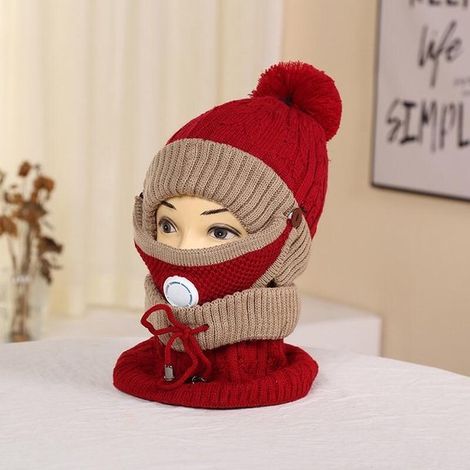 Bonnet 3 en 1 avec écharpe et cache-cou - Laine - Chaud - Taille unique - Rouge / crème - Accessoire hiver (1/5)