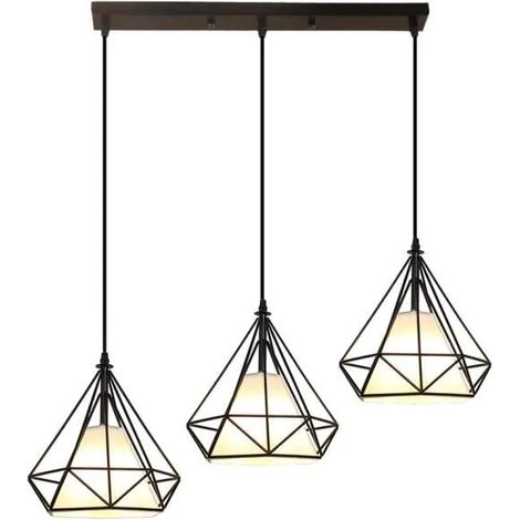 U-do Lustre Suspension Industrielle Barre 3 Lampes en Métal Luminaire Abat-jour Forme de Diamant E27 pour Salon Cuisine Chambre (1/4)