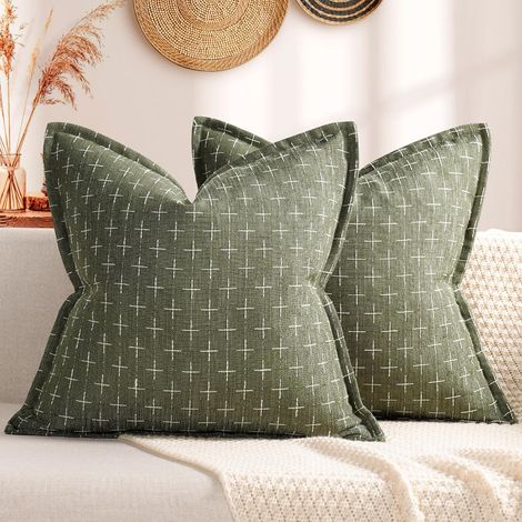 JSSEVN - 50x50cm Cushion Cover Set of 2 Olive Green Textured Polyester Pillowcases Soft Decorative Pillows Comfortable Farmhouse Cushion Cover (1/5)