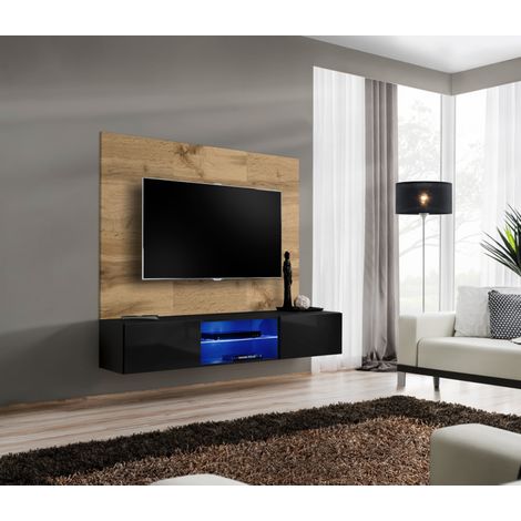 Ensemble meuble TV mural Switch PR3 avec vitrine et éclairage LED - Bois MDF noir et chêne Wotan - 180 x 148 x 40 cm - Livraison gratuite