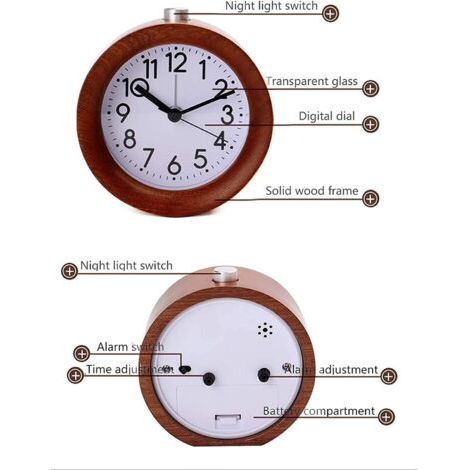 Sveglia silenziosa in legno con funzione snooze, display analogico, luce notturna, a batteria (1/4)