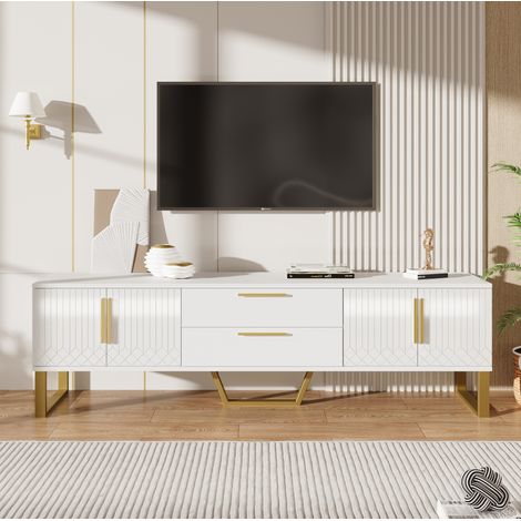 TV-Schrank MDF Hochglanz Weiß/Gold 170,0 x 40,0 x 53,5 cm mit Stauraum, Regalböden, Kabelöffnungen und mittigen Schubladen (1/5)