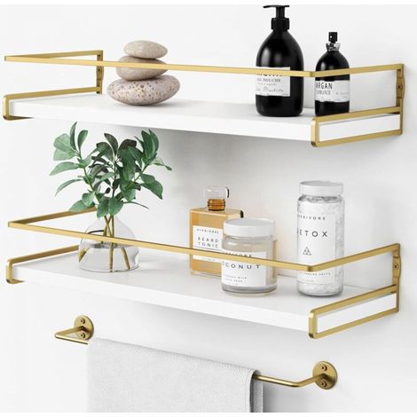 Organiseur de salle de bain moderne blanc et doré avec barre de rangement, rangement mural décoratif pour petits espaces, lot de 2 (1/5)