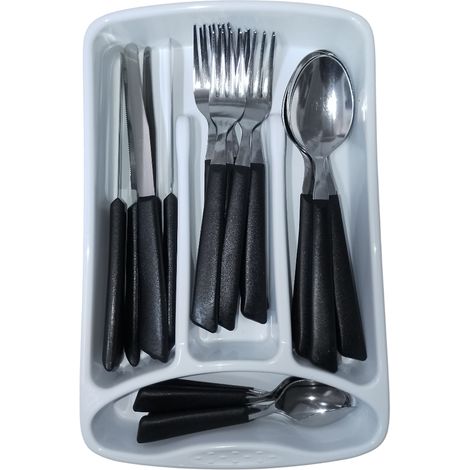 Servizio di Posate completo 24 Pezzi per tavola di 6 persone manico nero in Acciaio Inossidabile Lavabili in Lavastoviglie Made in Italy in omaggio il Porta Posate da Cassetto