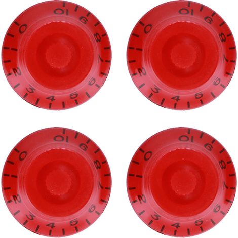 Lot de 4 boutons de contrôle de tonalité transparents en forme de cloche, accessoires pour instruments de musique (guitare et basse), rouges avec inscription noire. (1/5)