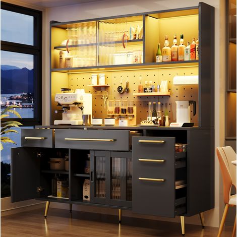 Sideboard de cuisine MDF et verre noir 145 x 39 x 171 cm avec LED, 2 tiroirs, porte coulissante et panneau perforé (1/5)
